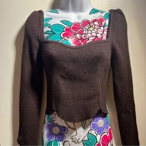 Shein Dark Brown Purple Scalloped Bottom Crop Long Sleeve Top